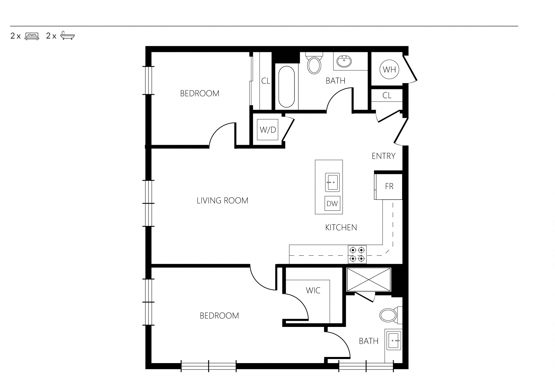 Floor plan for 2 beds, 1 bath, 849 sqft